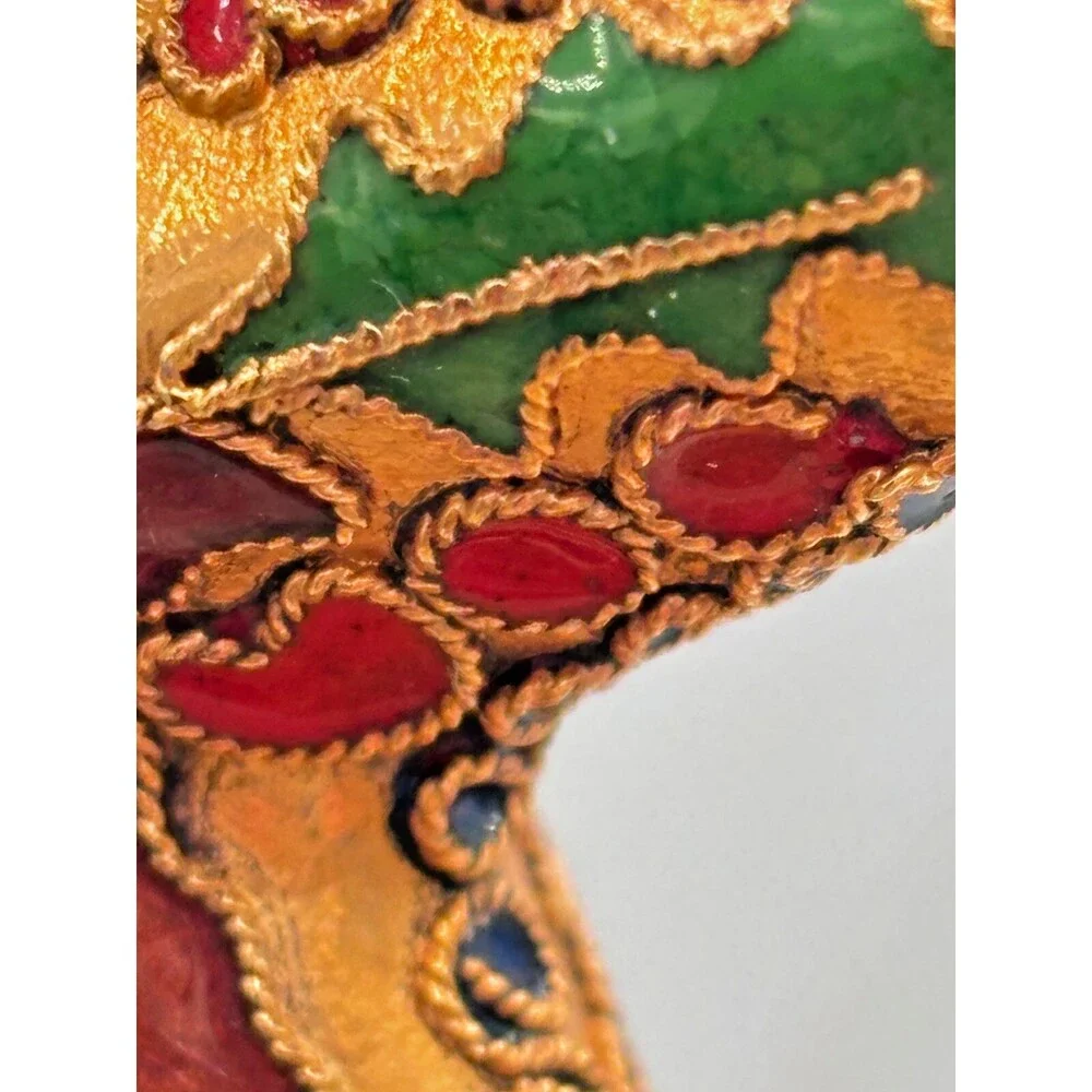 Cloisonne Red Enamel Gold Metal Holly Floral Star Christmas Hanging Ornament EUC